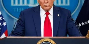 WASHINGTON – January 30 2025: President Donald Trump speaks at a White House press briefing after a Black Hawk helicopter collided with American Airlines flight 5342 by DCA airport