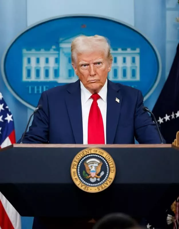 WASHINGTON – January 30 2025: President Donald Trump speaks at a White House press briefing after a Black Hawk helicopter collided with American Airlines flight 5342 by DCA airport