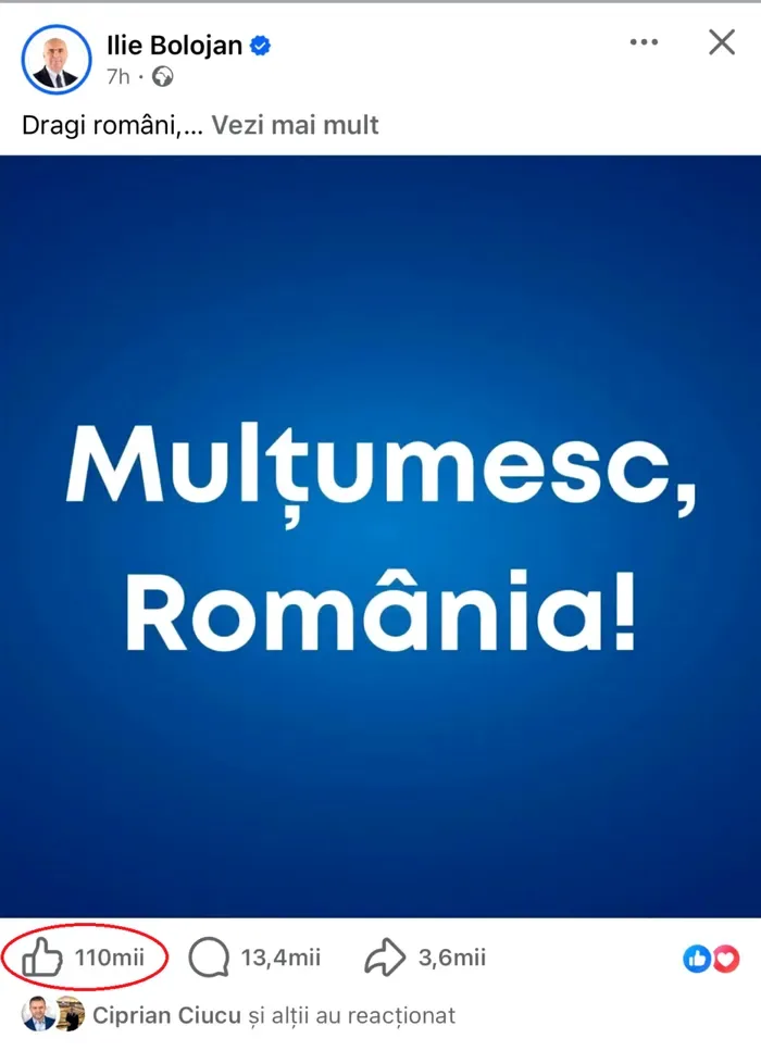 Situație bizară pe pagina de Faceboook a fostului premier Ilie Bolojan. Ultimele 4 postări au exact 10 mii de reacții, după ce a avut postări și cu peste 100 de mii de „like-uri”