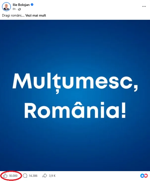 Situație bizară pe pagina de Faceboook a fostului premier Ilie Bolojan. Ultimele 4 postări au exact 10 mii de reacții, după ce a avut postări și cu peste 100 de mii de „like-uri”